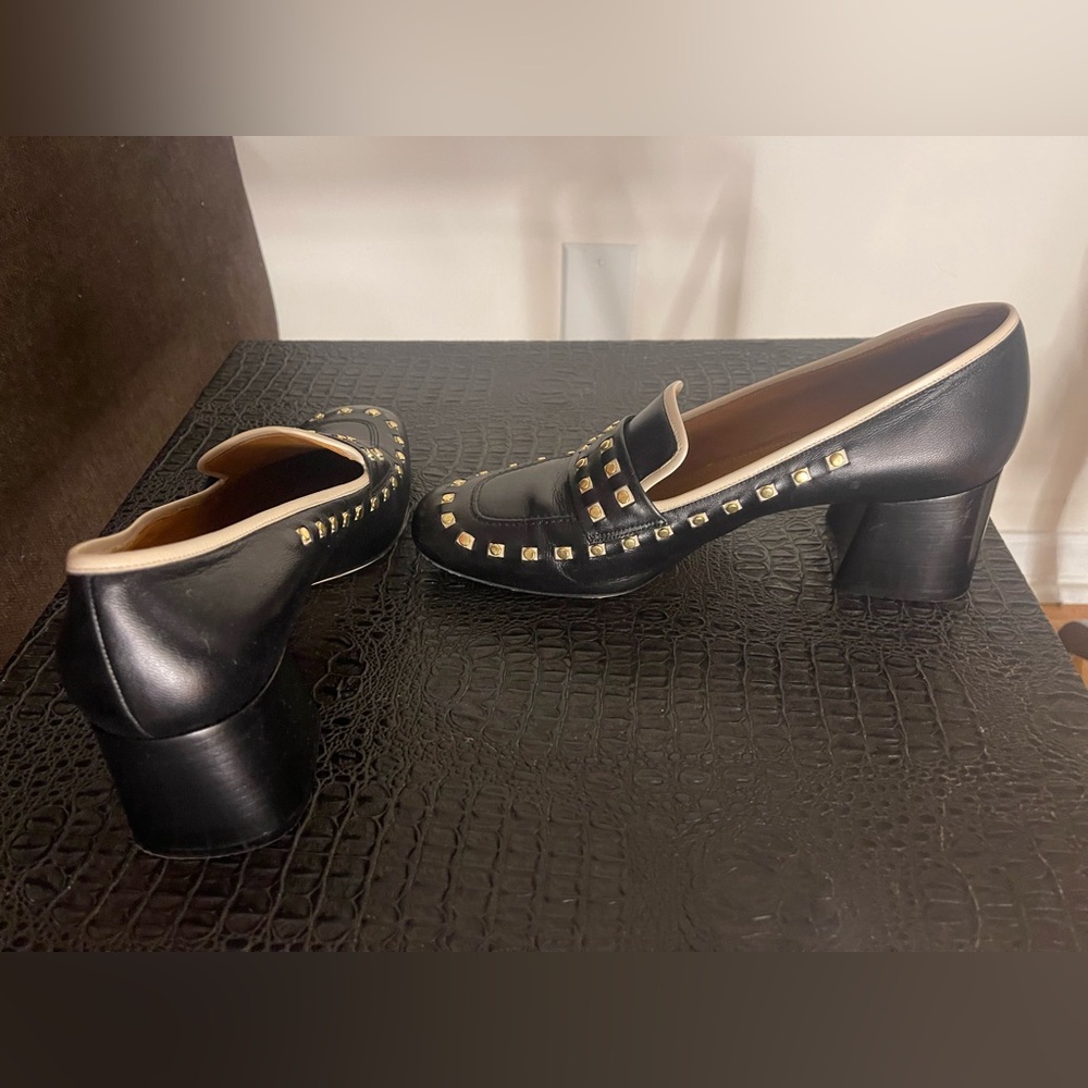 Tory Burch Black Leather Studded Loafers with Gold Trim - Picture 6 of 9